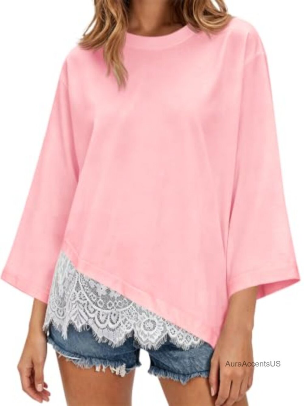 Oversized 3/4 Sleeve Lace Trim T-Shirt Women's Dressy Casual Top